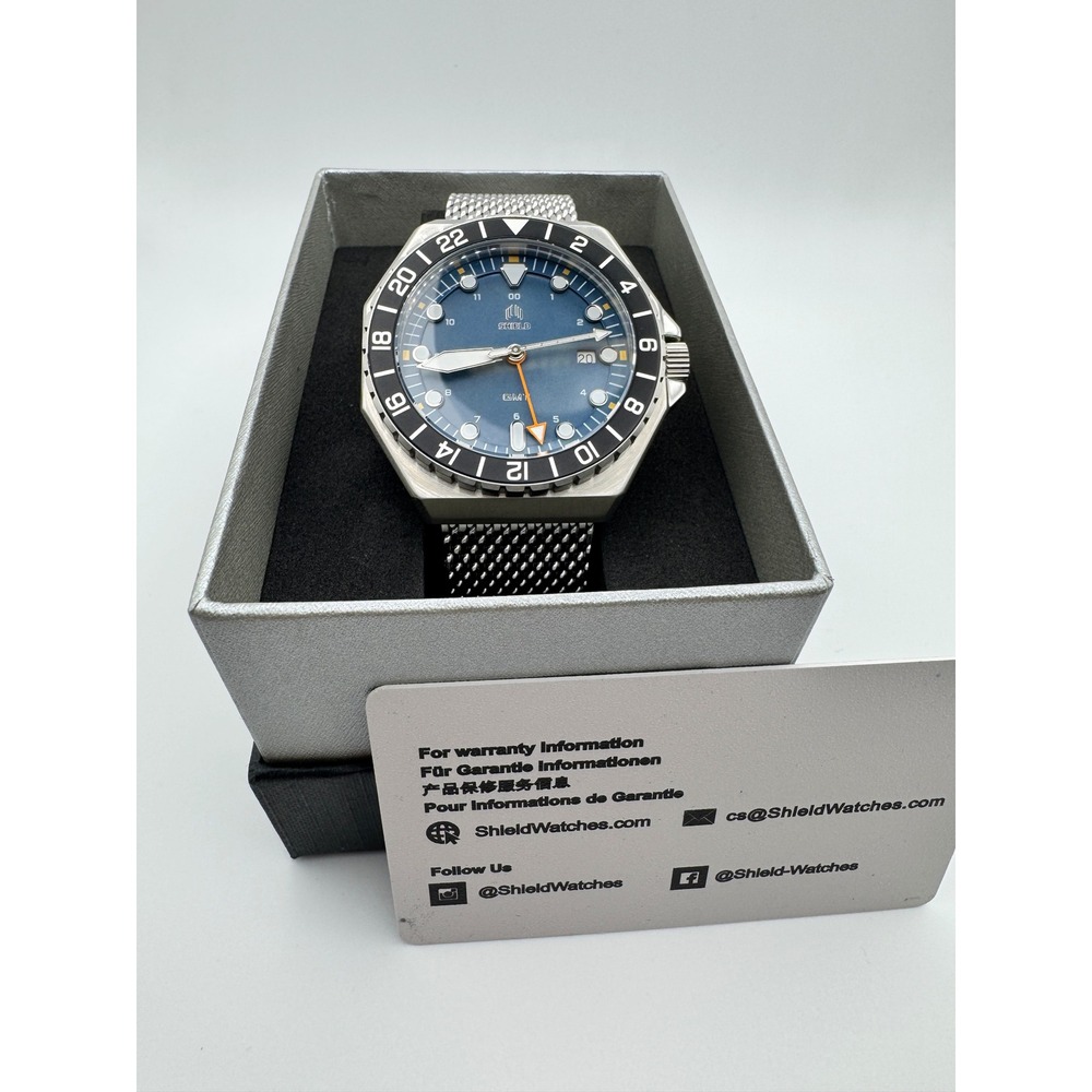 Shield GMT Stainless Steel Blue Dial Swiss Quartz GMT Watch Mesh Bracelet - Picture 2 of 7